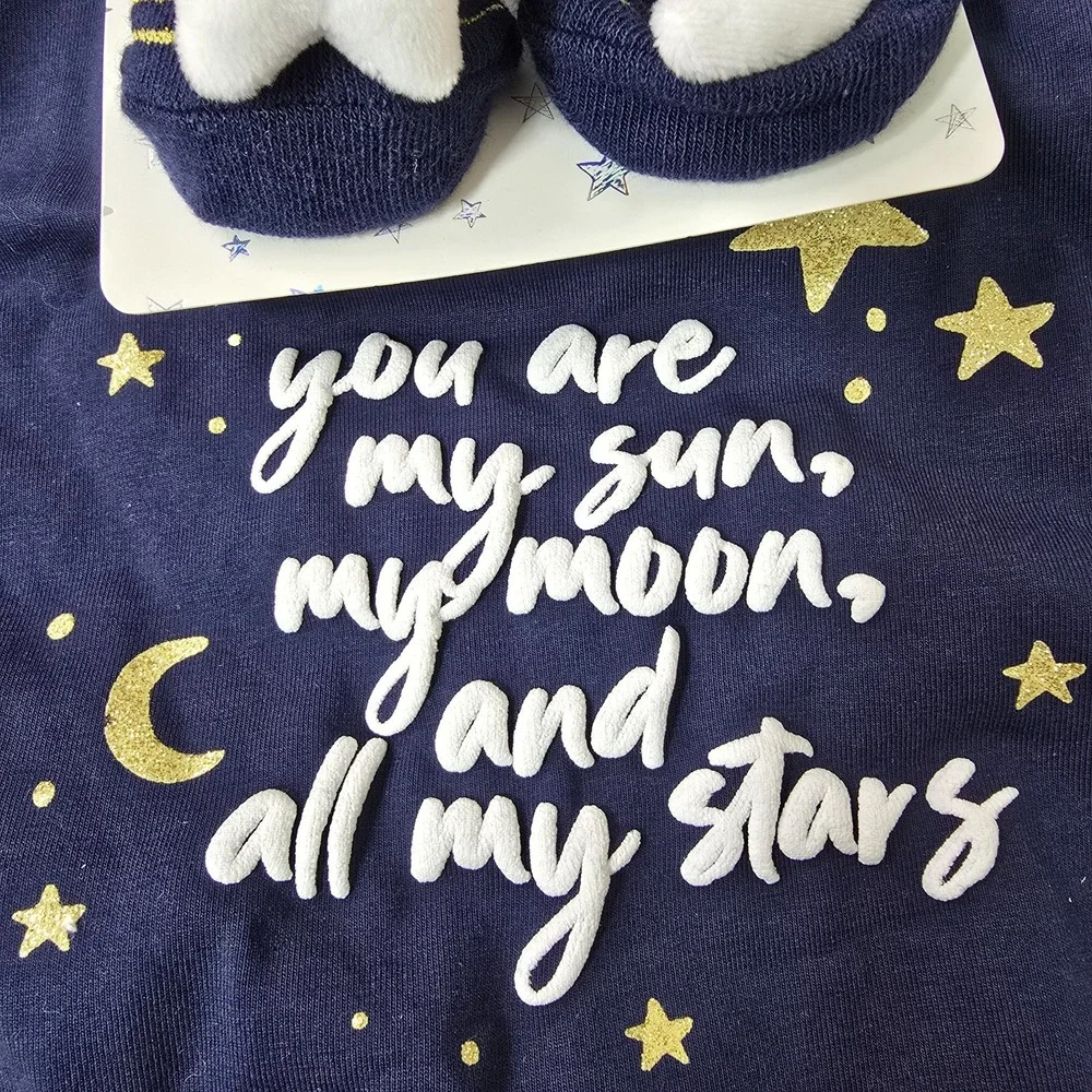 Rising Star Infant Sock &‎ Bib Set Celestial Moon Stars 0-12 months Navy Blue